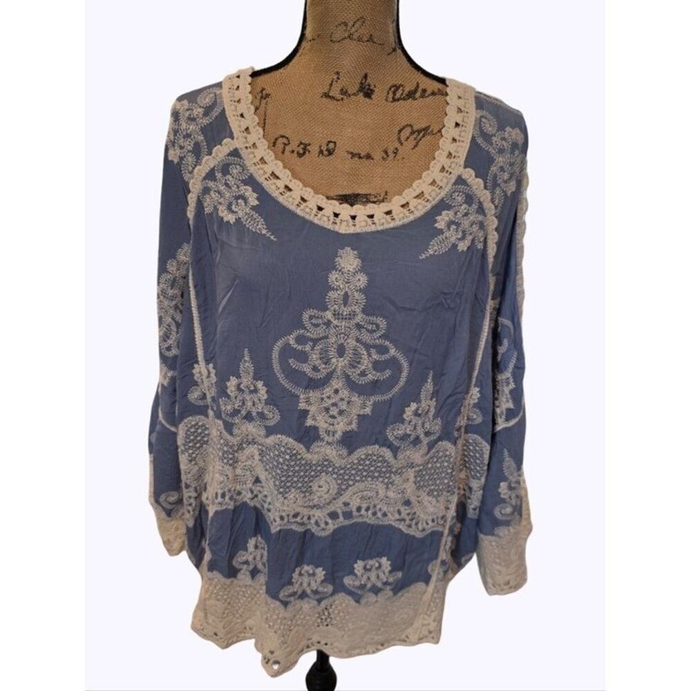 Solitaire Ravi Khosla Blue Embroidered Crochet Lace Split Sleeve Tunic Top 3X